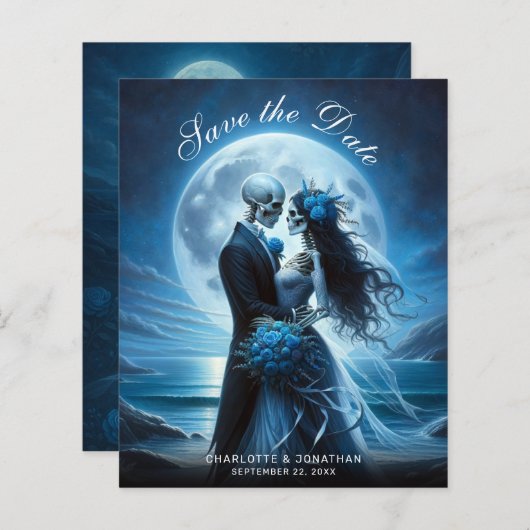 Budget Gothic Blue Skeletons Wedding Save the Date (Vorne/Hinten)