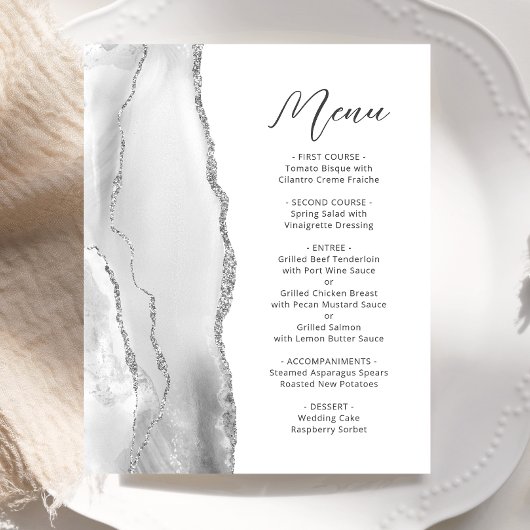 Budget Gray Silver Agate Script Wedding Menu