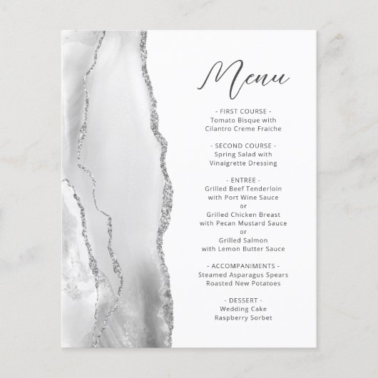 Budget Gray Silver Agate Script Wedding Menu (Vorderseite)