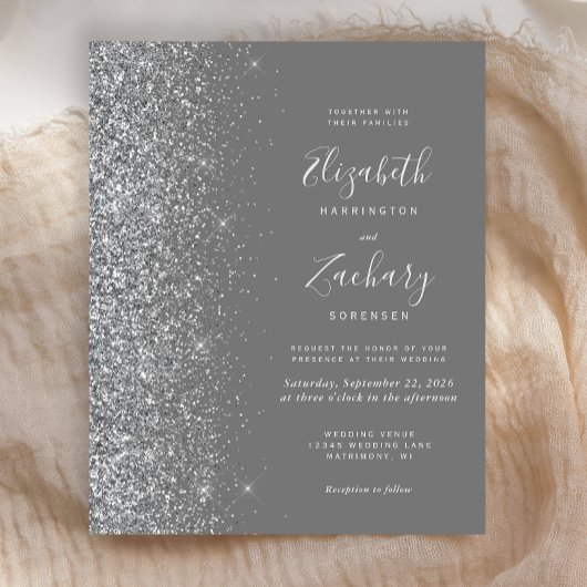 Budget Gray Silver Glitzer Wedding Einladung