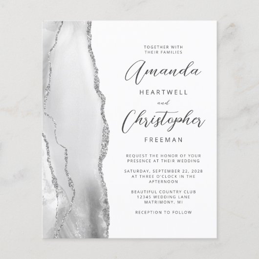 Budget Gray White Silver Agate Einladung Hochzeit (Vorderseite)