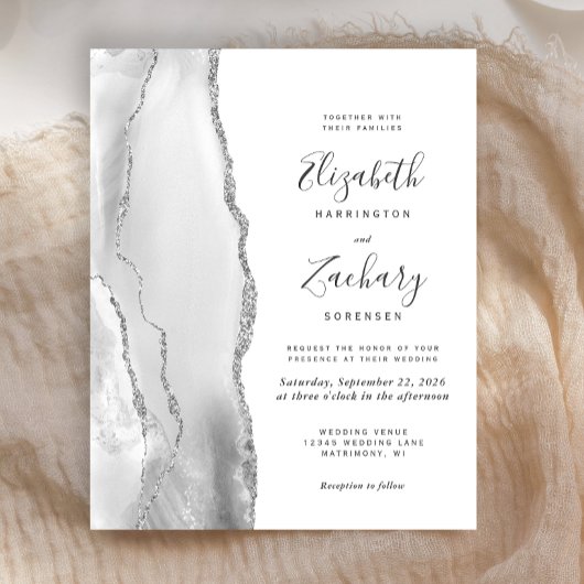 Budget Gray White Silver Agate Einladung Hochzeit