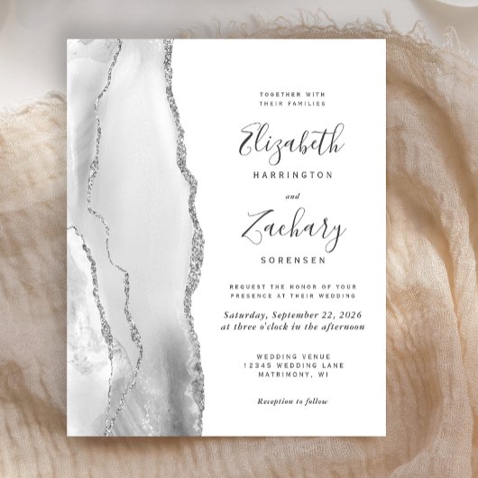 Budget Gray White Silver Agate Einladung Hochzeit
