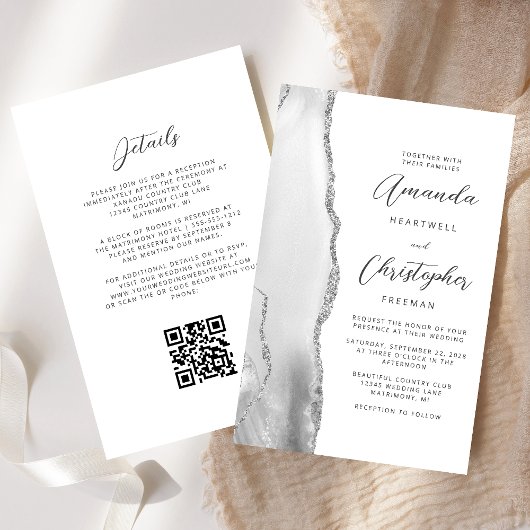 Budget Gray White Silver Agate QR Code Hochzeit