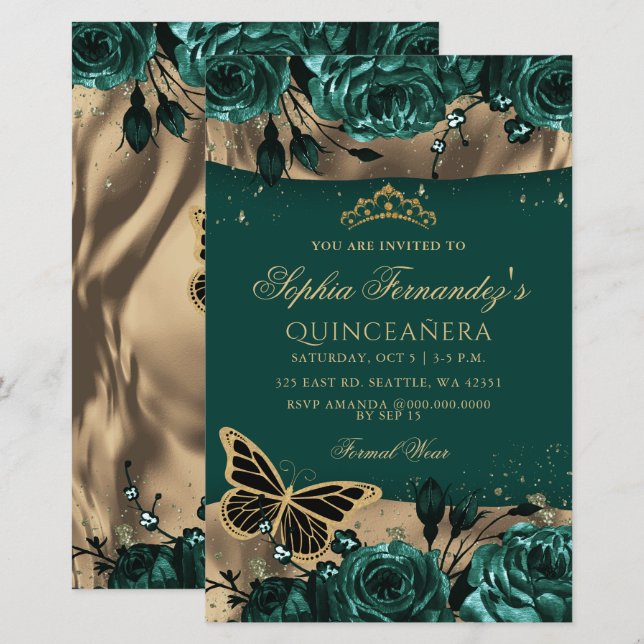Budget Green Butterfly Quinceañera Einladung (Vorne/Hinten)