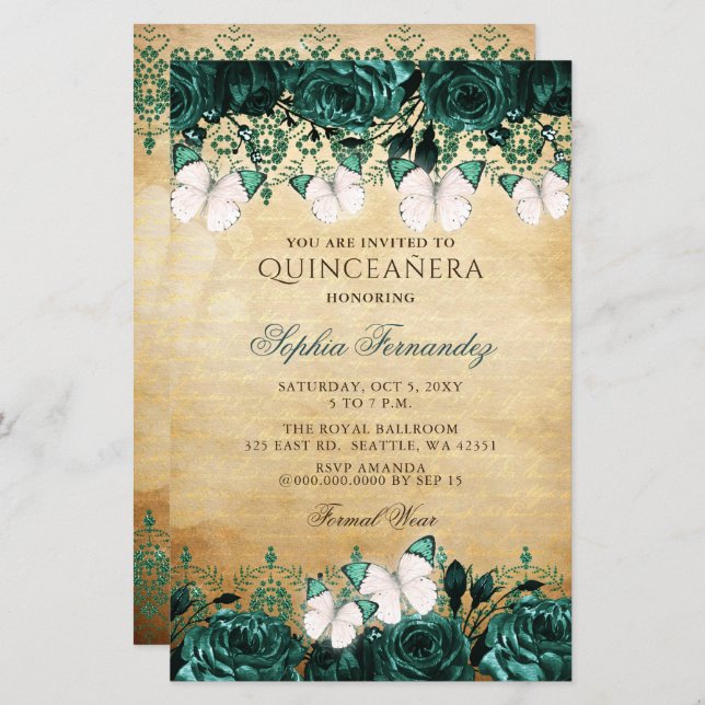 Budget Green Butterfly Quinceañera Einladung (Vorne/Hinten)