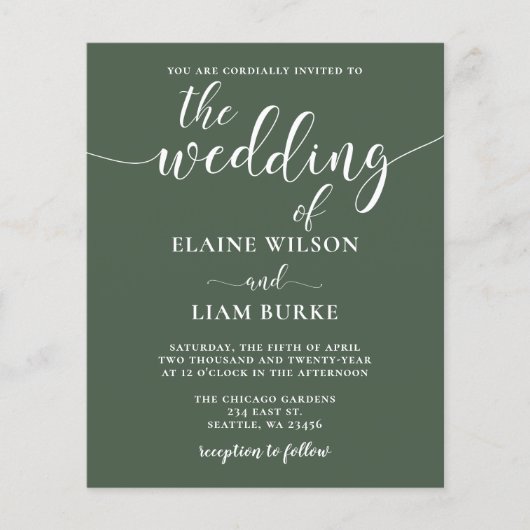 Budget Green Calligraphy Modern Wedding Einladung (Vorderseite)