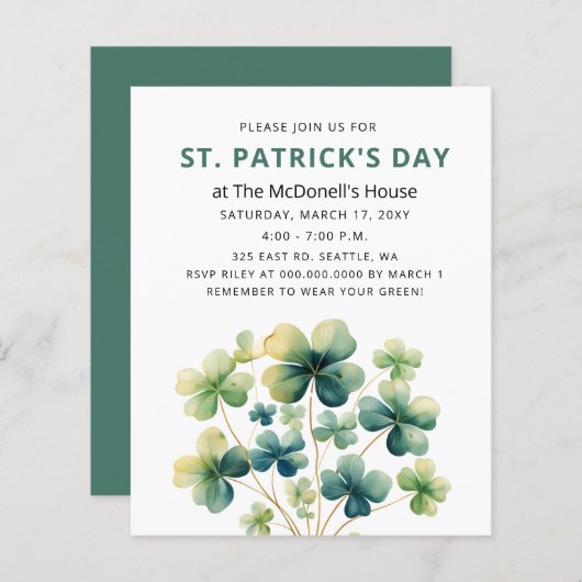 Budget Green Clover Kleeblatt St Patricks Einladun (Vorne/Hinten)