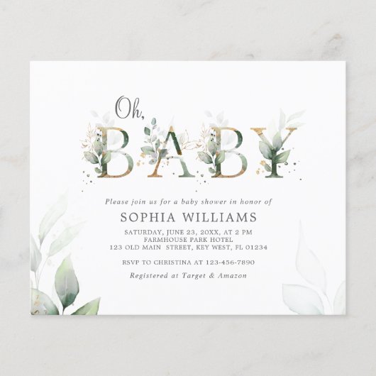 Budget Green Eucalyptus Oh Baby Dusche Einladung (Vorderseite)