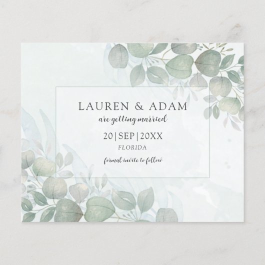 Budget Green Eucalyptus Wedding Save the Date (Rückseite)