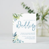 Budget Green Foliage Blue Wedding Einladung (Stehend Vorderseite)