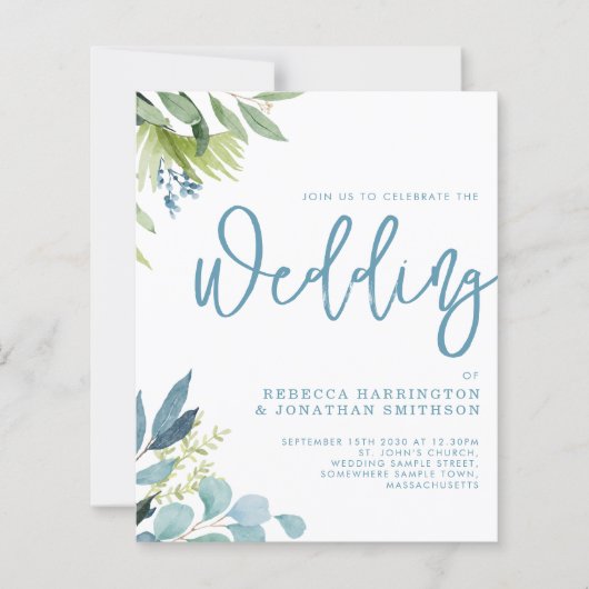 Budget Green Foliage Blue Wedding Einladung (Vorderseite)
