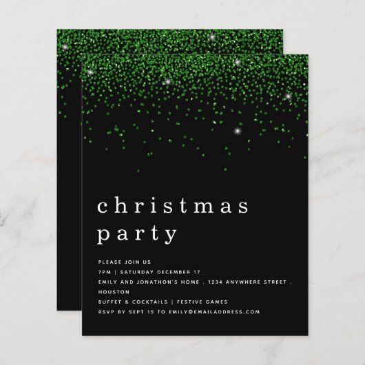 Budget Green Glitzer Weihnachts-Party Black Invite (Vorne/Hinten)