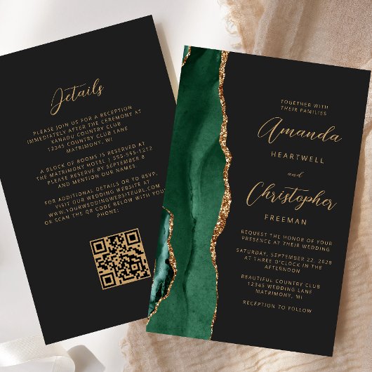 Budget Green Gold Agate Dark QR Code Hochzeit