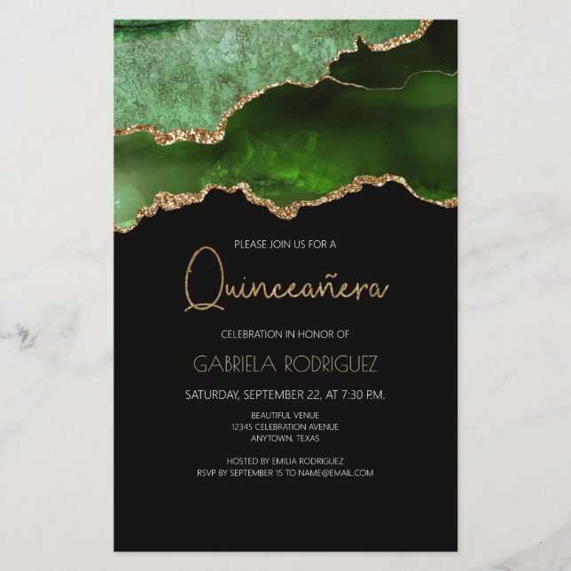 Budget Green Gold Agate Quinceañera Einladung (Vorderseite)