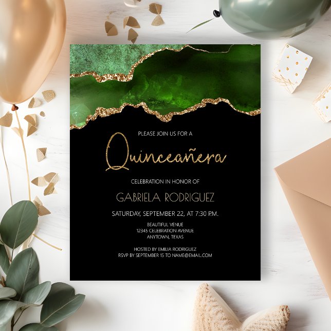 Budget Green Gold Agate Quinceañera Einladung (Von Creator hochgeladen)