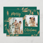 Budget Green Gold Blätter 2 Foto Weihnachtskarte (Vorne/Hinten)