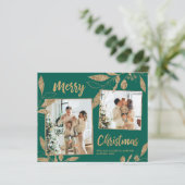 Budget Green Gold Blätter 2 Foto Weihnachtskarte (Stehend Vorderseite)