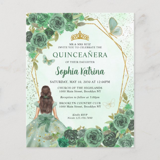 Budget Green Gold Chic Blumenprinzessin Quinceañer (Vorderseite)