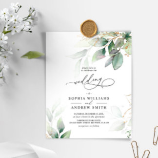 Budget Green & Gold Eukalyptus Wedding Einladung