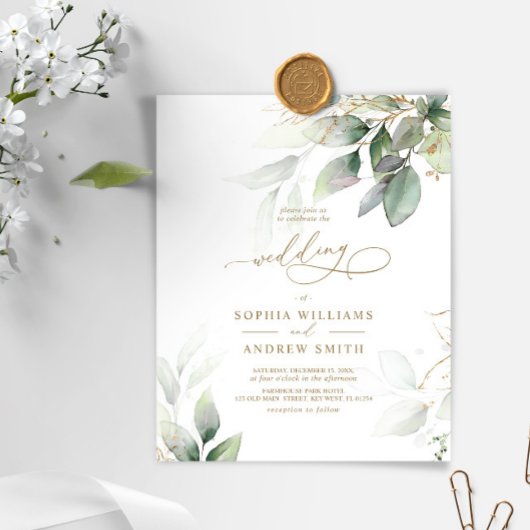 Budget Green & Gold Eukalyptus Wedding Einladung