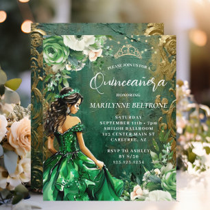 Budget Green Gold Floral Princess Quinceañera