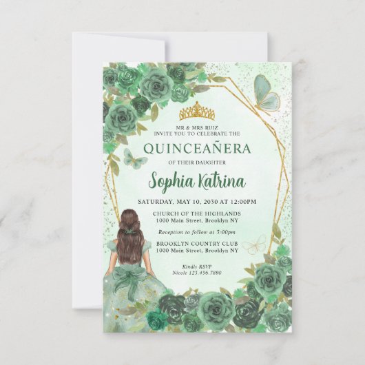 Budget Green Gold Floral Princess Quinceañera Mitteilungskarte (Vorderseite)