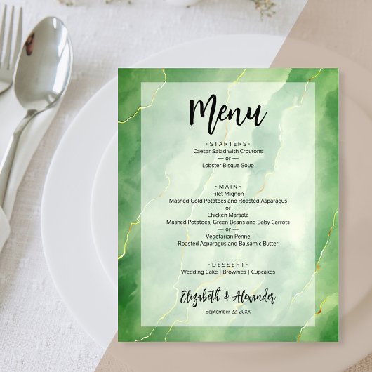 Budget Green Gold Marmor Wedding Menü