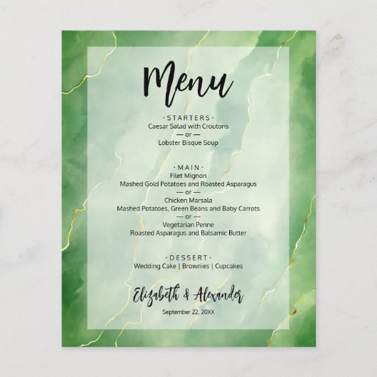 Budget Green Gold Marmor Wedding Menü (Vorne)
