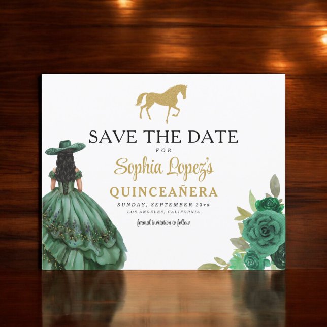 Budget Green Gold Quinceanera Save the Date (Von Creator hochgeladen)