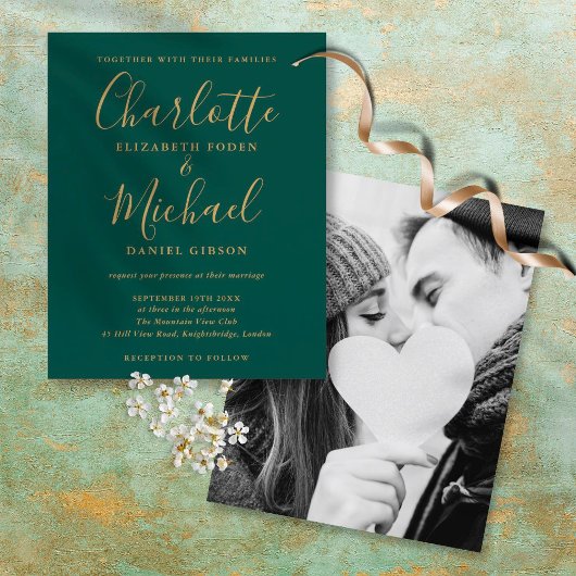 Budget Green Gold Script Foto Einladung Hochzeitsf