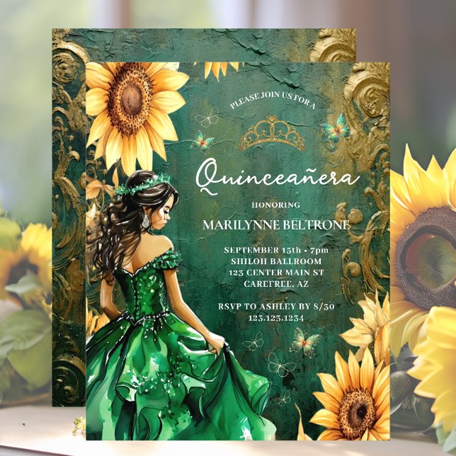Budget Green Gold Sonnenblumen Prinzessin Quinceañ (Von Creator hochgeladen)