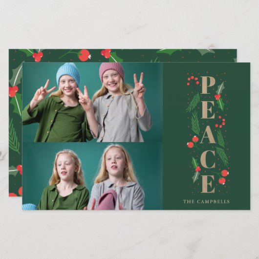 Budget Green Holry Berry Peace Foto Holiday Card (Vorne/Hinten)