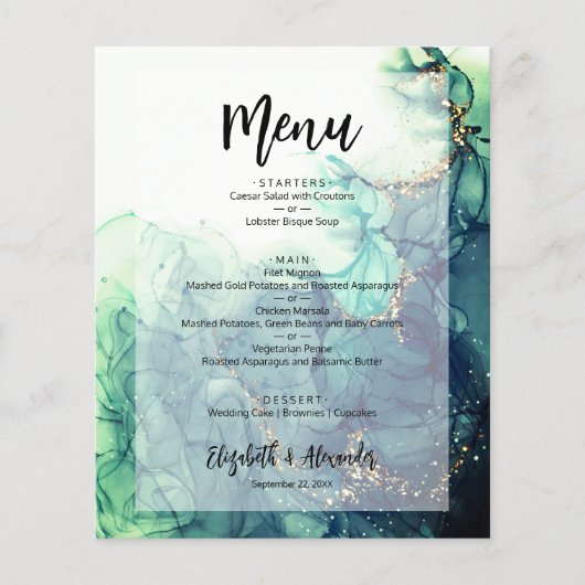 Budget Green Marble Wedding Menu Flyer (Vorne)