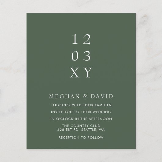 Budget Green Modern Wedding Einladung (Vorderseite)