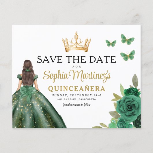 Budget Green Princess Quinceañera Save the Date Flyer (Vorne)