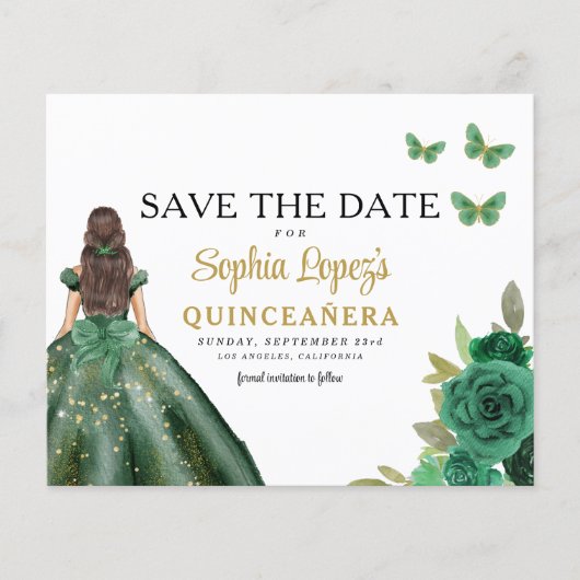 Budget Green Princess Quinceañera Save the Date Flyer (Vorne)