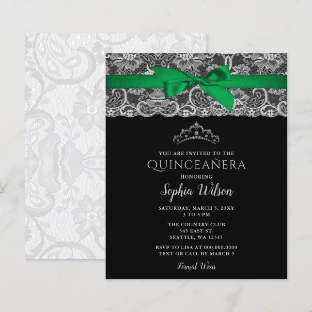Budget Green Ribbon Lace Quinceañera Einladung (Vorne/Hinten)