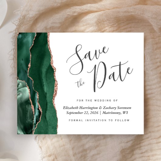 Budget Green Rose Gold Agate Wedding Save the Date