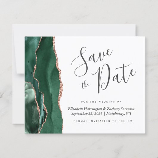 Budget Green Rose Gold Agate Wedding Save the Date (Vorderseite)