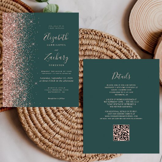Budget Green Rose Gold Glitzer QR Code Hochzeit
