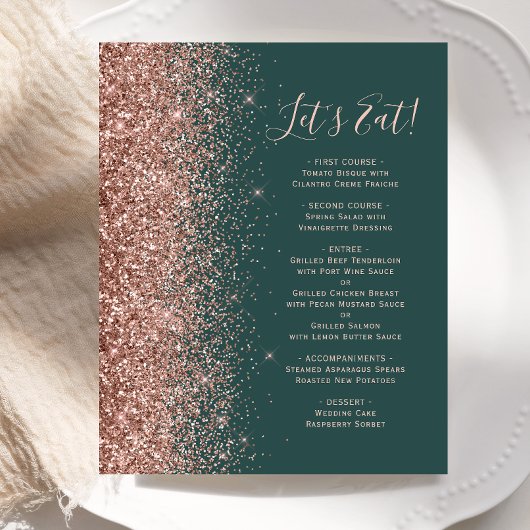 Budget Green Rose Gold Glitzer Wedding Menu