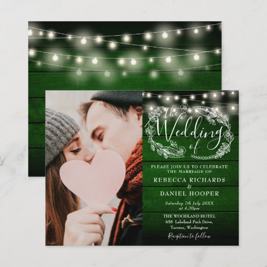 Budget Green Rustic String Foto Hochzeit Einladung (Vorne/Hinten)