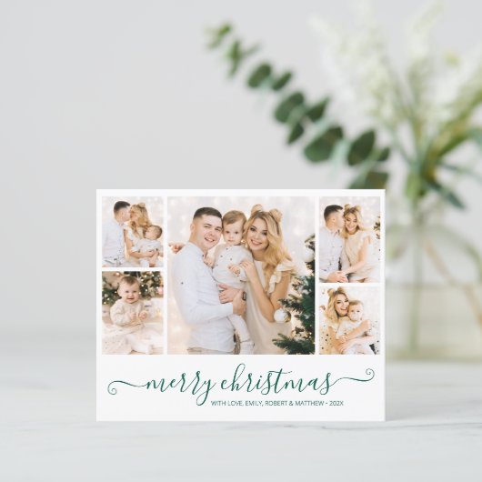 Budget Green Script 5 Foto Collage Weihnachtskarte (Stehend Vorderseite)