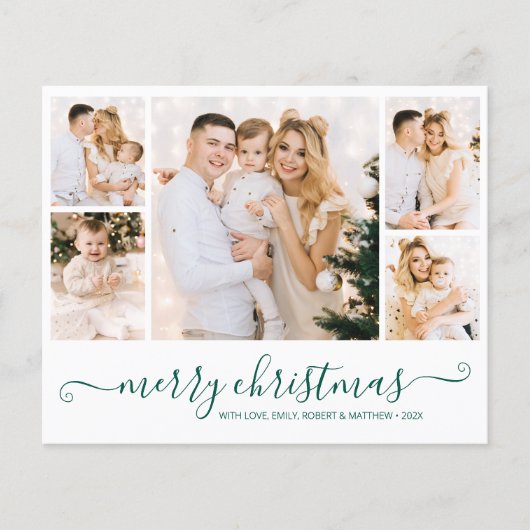 Budget Green Script 5 Foto Collage Weihnachtskarte (Vorderseite)