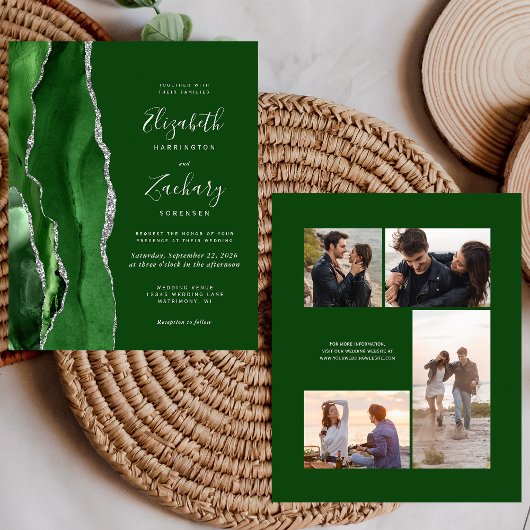 Budget Green Silver 4-Photo Wedding Invite