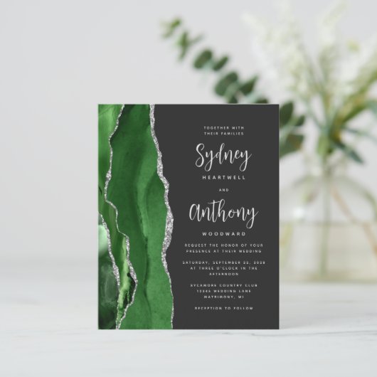 Budget Green Silver Agate Calligraphy Wedding (Stehend Vorderseite)