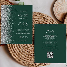 Budget Green Silver Glitzer QR Code Hochzeit Einla