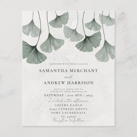 Budget Green Watercolor Ginkgo Hochzeit Einladung (Vorderseite)