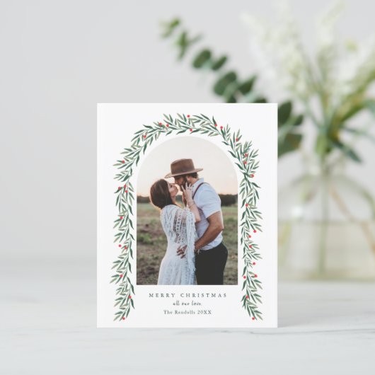 Budget Greenery Arch Elegantes Foto Weihnachtskart (Stehend Vorderseite)